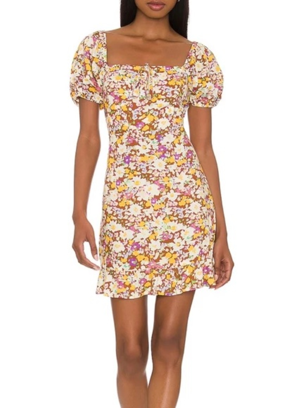 Sanctuary Floral Puff-Sleeve Midi Dress in Brown, Yellow & Pink